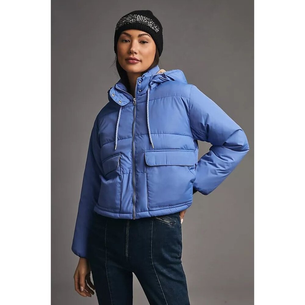 Pilcro Cropped Colorblock Womens Size XS Full Zip Hooded Puffer Jacket Blue - Picture 3 of 13
